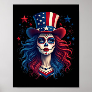 Sugar Skull 4:e juli amerikanska Flagga Skeleton W Poster