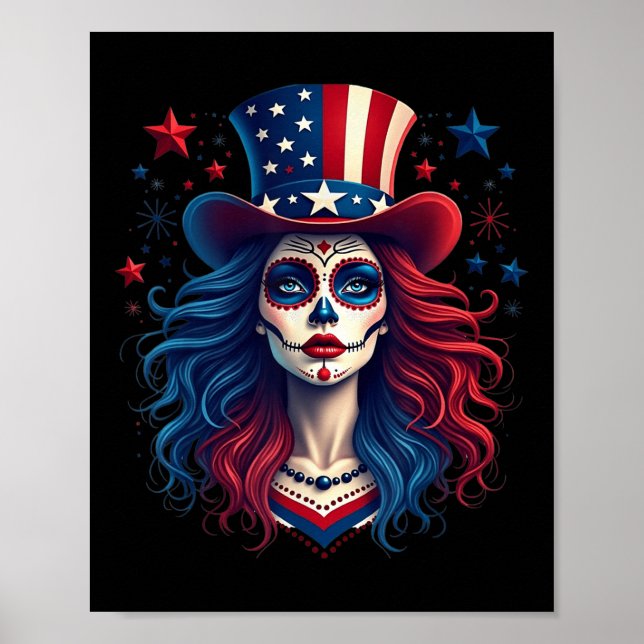 Sugar Skull 4:e juli amerikanska Flagga Skeleton W Poster (Framsidan)