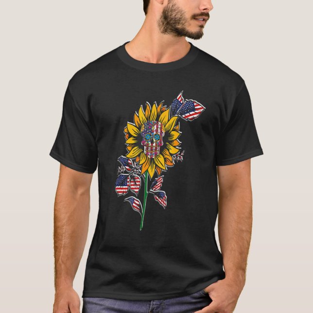 Sugar Skull Amerikanska Flagga Solros Kärlek Ameri T Shirt (Framsida)