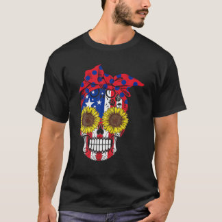 Sugar Skull Amerikanska Flagga Solrosblommor Blomm T Shirt