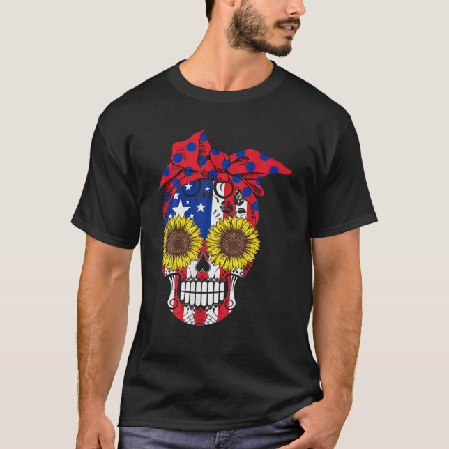 Sugar Skull Amerikanska Flagga Solrosblommor Blomm T Shirt (Framsida)