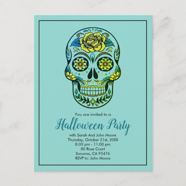 Sugar Skull Aqua Blue Halloween fest Inbjudan Vykort (Framsida)