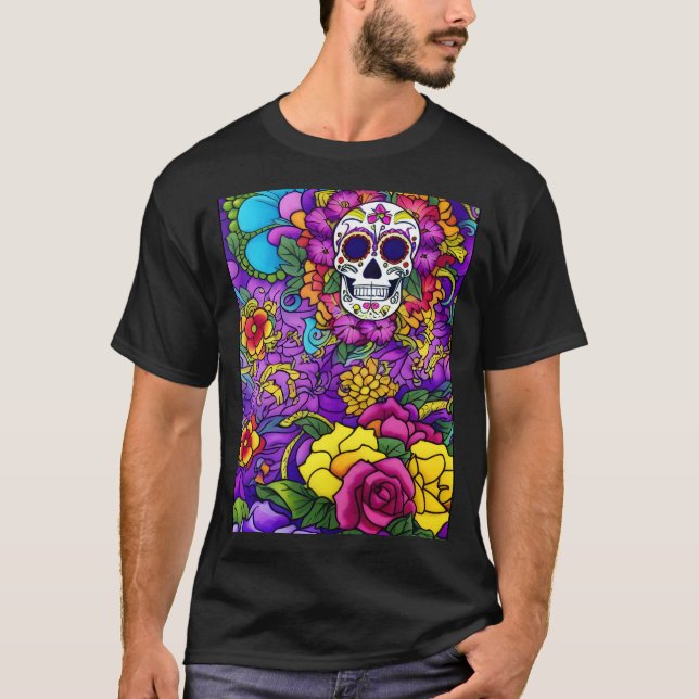 Sugar Skull Art - Día de los Muertos Delight T Shirt (Framsida)