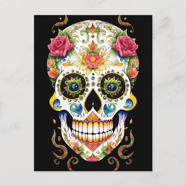 Sugar Skull Art - Festive with Rosa ros Vykort (Framsida)