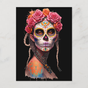 Sugar Skull Art - Flickor med hjärnhage och Rosa Vykort