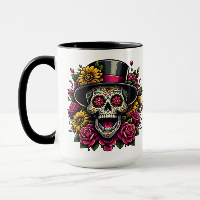 Sugar Skull Art - Top hat och Solros Calavera Mugg (Vänster)