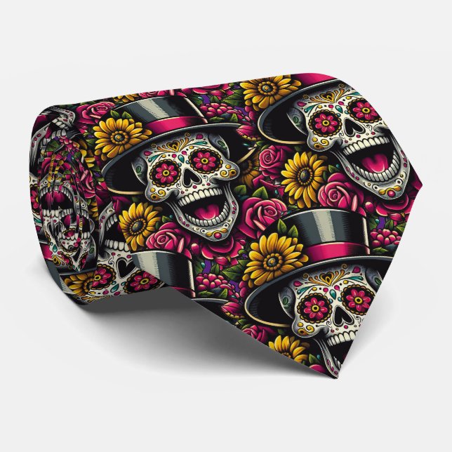 Sugar Skull Art - Top hat och Solros Calavera Slips (Rullad)