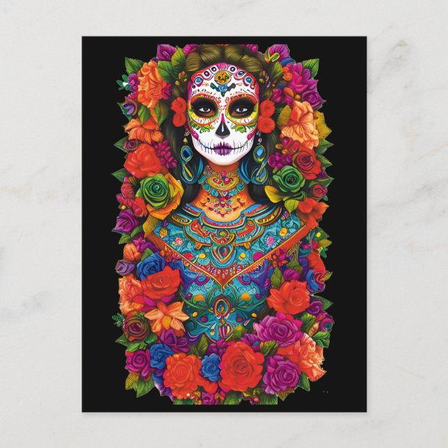 Sugar Skull Art - Vackra kvinnor i blommor Vykort (Framsida)