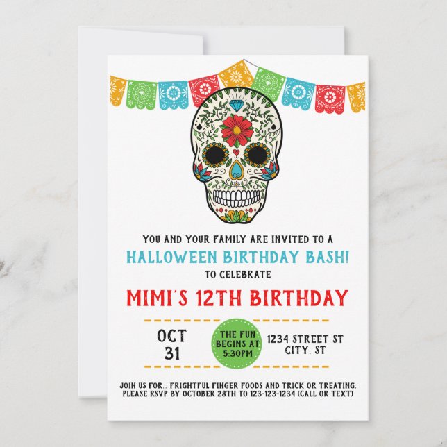 Sugar Skull Birthday, Day of the dead Inbjudningar (Framsida)