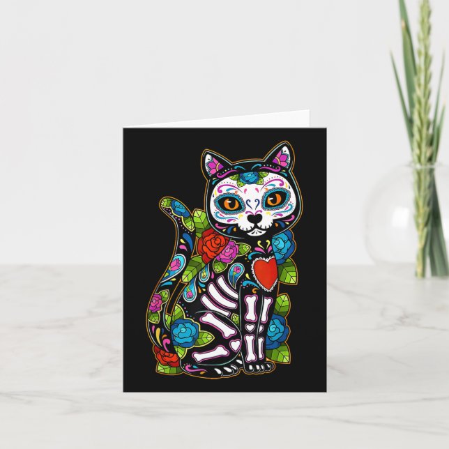 Sugar Skull Black Cat De Los Muertos Catrina Day O Kort (Framsida)