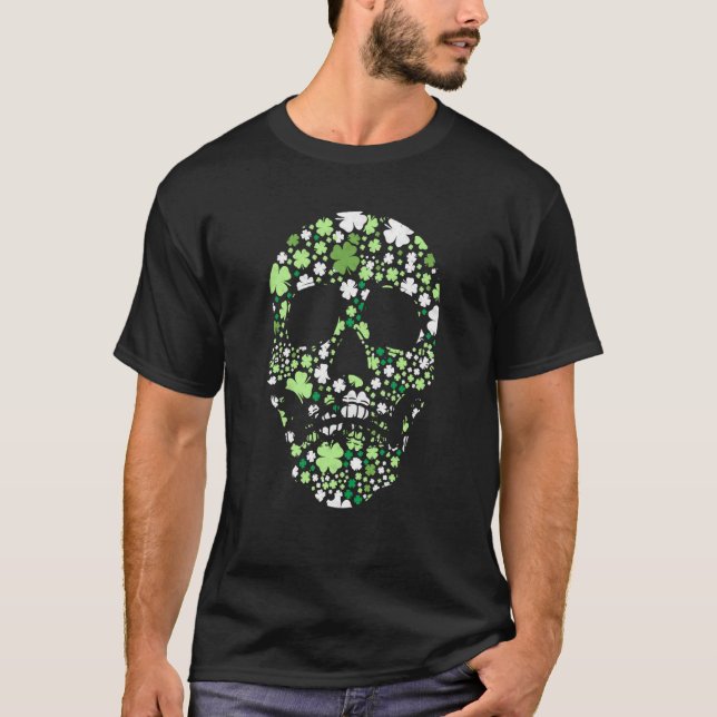 Sugar Skull C Skeleton Shamrock Irish St Saint Pat T Shirt (Framsida)