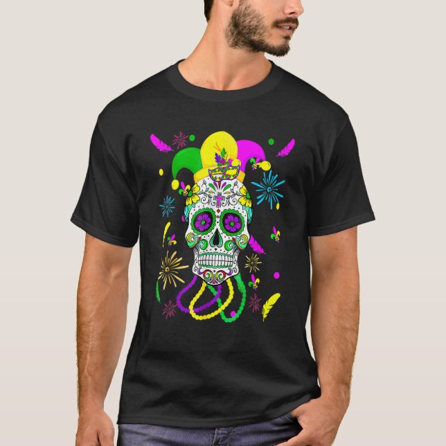 Sugar Skull Carnival Mask Jester Hat Mardi Gras T Shirt (Framsida)