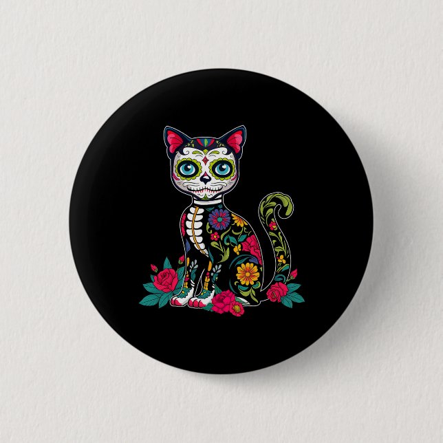 Sugar Skull Cat Dia de Muertos Day of Dead Halldue Knapp (Framsida)