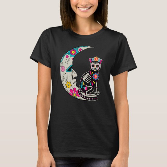 Sugar Skull Cat Måne Dia De Los Muertos Mexikanska T Shirt (Framsida)