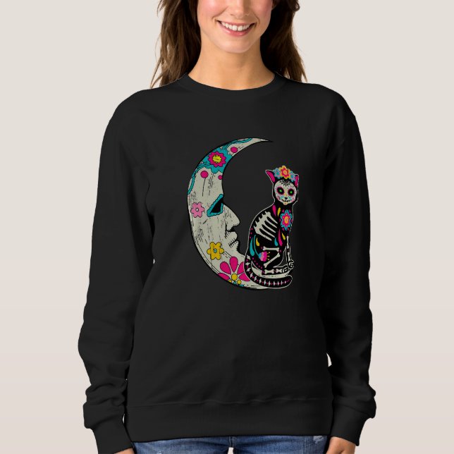 Sugar Skull Cat Moon Dia De Los Muertos Mexican Da T Shirt (Framsida)