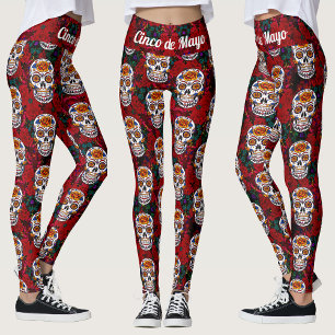 Sugar Skull Cinco de Mayo Red Blommigt Leggings