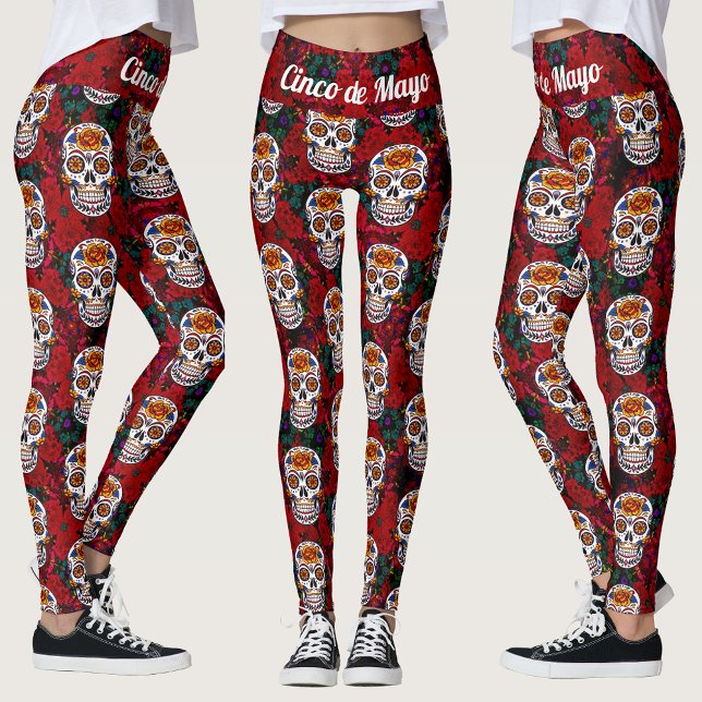 Sugar Skull Cinco de Mayo Red Blommigt Leggings (Sugar Skull Cinco de Mayo Red Floral Leggings)