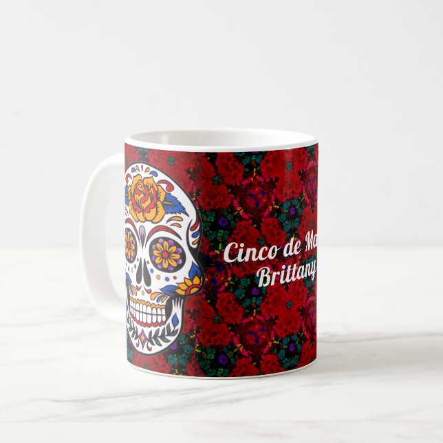 Sugar Skull Cinco de Mayo Red Blommigt Namn Kaffemugg (Framsida vänster)