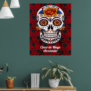 Sugar Skull Cinco de Mayo Red Blommigt Namn Large Poster