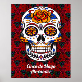 Sugar Skull Cinco de Mayo Red Blommigt Namn Large Poster