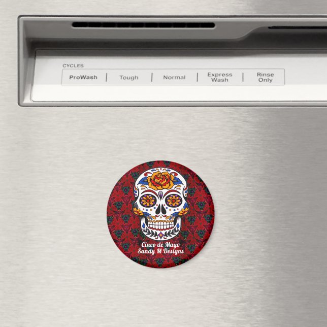 Sugar Skull Cinco de Mayo Red Blommigt Namn Magnet (In Situ (Dishwasher))