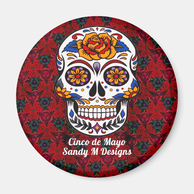 Sugar Skull Cinco de Mayo Red Blommigt Namn Magnet (Framsidan)