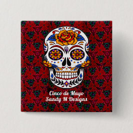 Sugar Skull Cinco de Mayo Red Blommigt Namn Pinbac Knapp