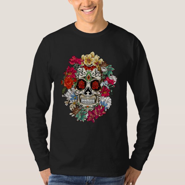 Sugar Skull Day Of Dead Dia De Los Muertos Flowers T Shirt (Framsida)