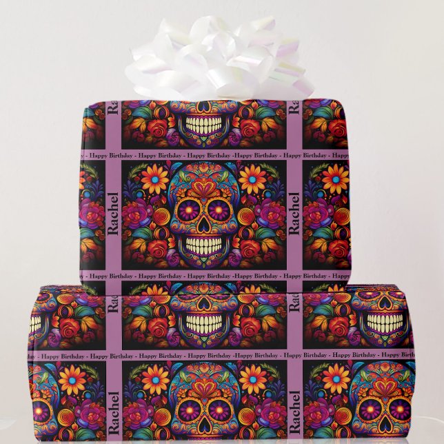 Sugar Skull Day of the dead Birthday Add Namn Presentpapper (Skapare uppladdad)