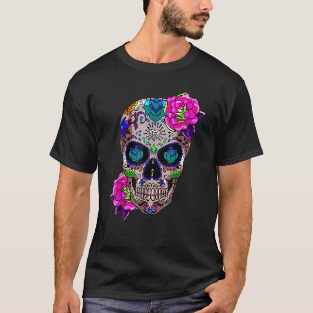 Sugar Skull Day Of The Dead Cool Bone Head Skulls  T Shirt (Framsida)