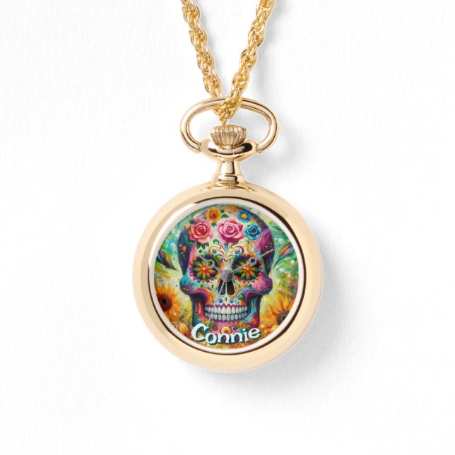 Sugar Skull Day of the Dead Floral Personalized Armbandsur (Framsida)