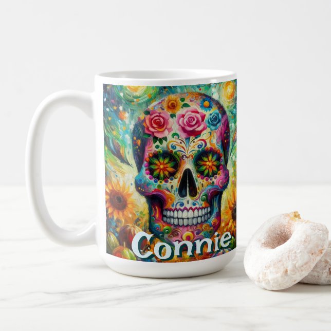 Sugar Skull Day of the Dead Floral Personalized Kaffemugg (Med munk)