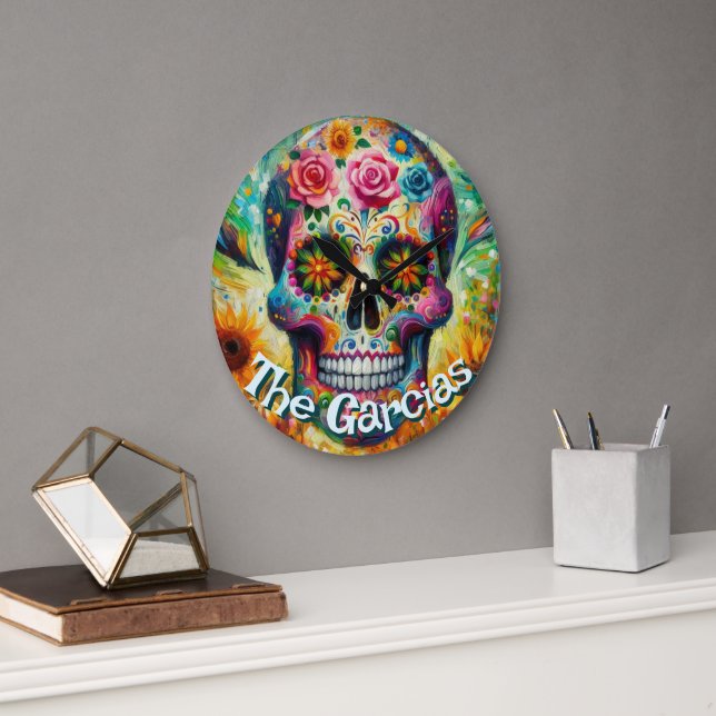 Sugar Skull Day of the Dead Floral Personalized Stor Klocka (Kontor)