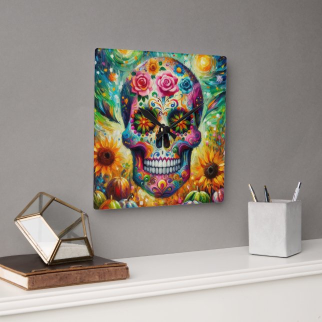 Sugar Skull Dia De Los Muertos Day of the dead Fyrkantig Klocka (Kontor)