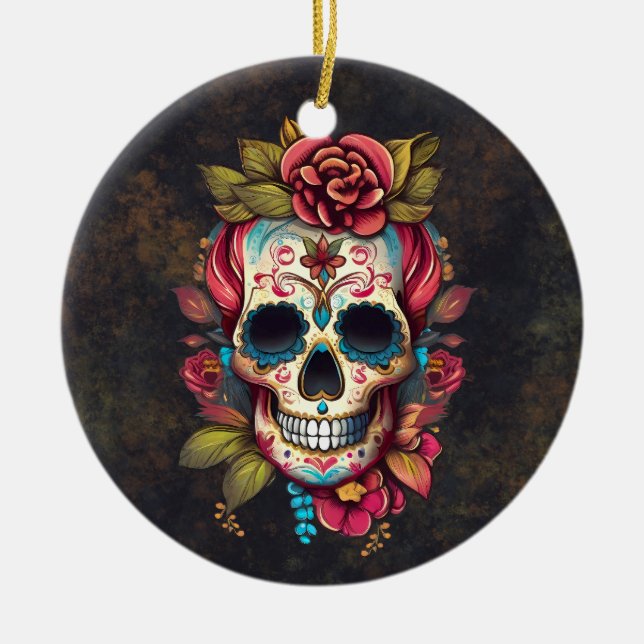 Sugar Skull Dia de los Muertos Julgransprydnad Keramik (Framsidan)