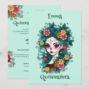 Sugar Skull Dia de Muertos Quinceañera Spanska Inbjudningar