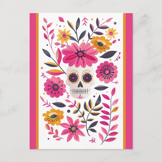 Sugar Skull Fuchsia Mexiko Flowers Cinco de Mayo Vykort (Framsida)