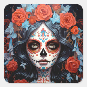 Sugar Skull Girl Day of the dead Fyrkantigt Klistermärke
