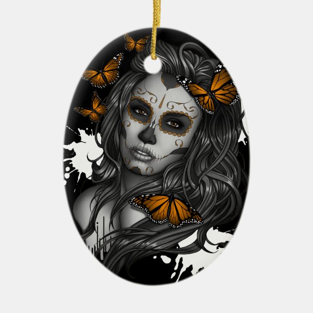 Sugar Skull Girl Julgransprydnad Keramik (Framsidan)