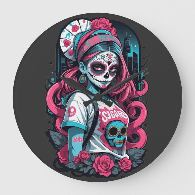 Sugar Skull Girl med Rosa Highlights och Ro Stor Klocka (Framsida)