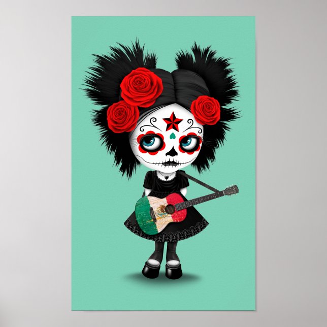 Sugar Skull Girl som spelar mexikanska Flagga Guit Poster (Framsidan)