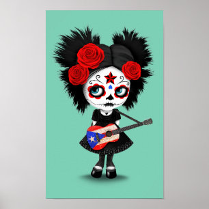 Sugar Skull Girl som spelar Puerto Rican Flagga Gu Poster