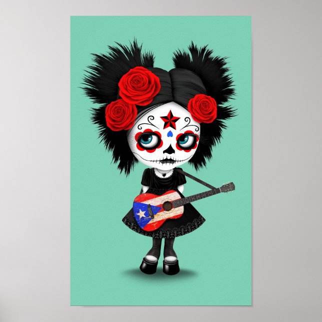 Sugar Skull Girl som spelar Puerto Rican Flagga Gu Poster (Framsidan)