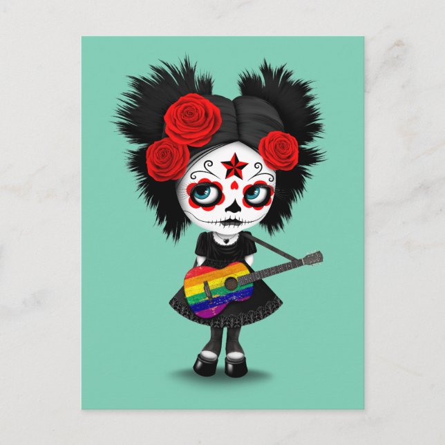 Sugar Skull Girl som spelar Rainbow Flagga Guitar Vykort (Framsida)