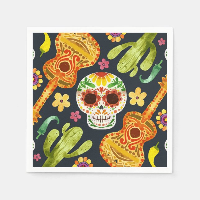 Sugar Skull & Guitars Dia de Muertos | Napkin Pappersservett (Framsidan)