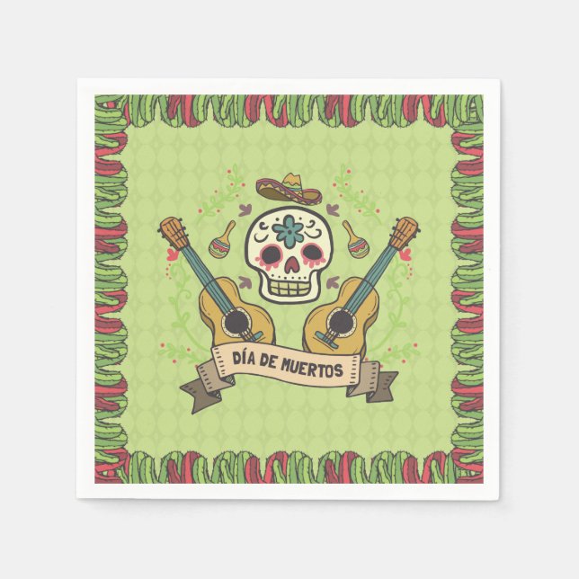 Sugar Skull & Guitars Dia de Muertos | Napkin Pappersservett (Framsidan)