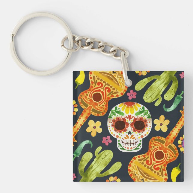 Sugar Skull & Guitars Dia de Muertos | Nyckelkedja (Framsidan)