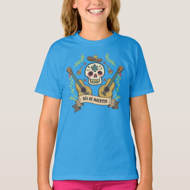 Sugar Skull & Guitars Dia de Muertos Sleeve Shirt T Shirt (Framsida)