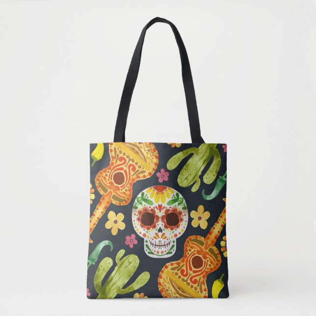 Sugar Skull & Guitars Dia de Muertos | Tote Bag Tygkasse (Framsida)