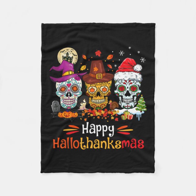 Sugar Skull Hallothanksmas Halloween-Thanksgiving Fleecefilt (Framsidan)